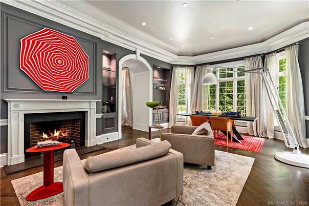 Dining room, Fireplace, Interior, Living room, Recessed Lighting, Wood Texture Flooring