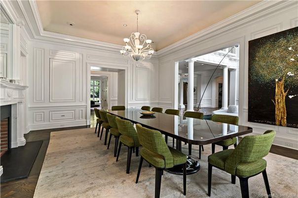 Chandelier, Dining room, Fireplace, Interior, Recessed Lighting, Wood Texture Flooring