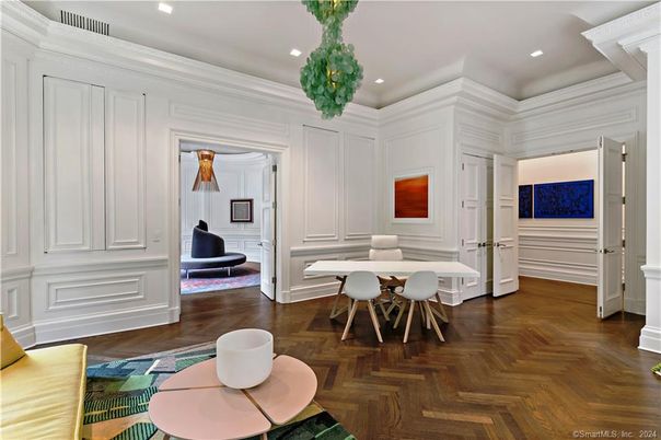 Dining room, Interior, Recessed Lighting, Wood Texture Flooring