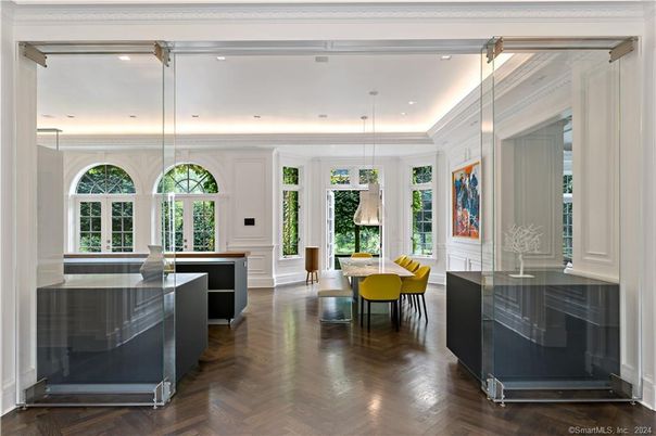 Dining room, Interior, Kitchen, Pendant Lights, Recessed Lighting, Wood Texture Flooring