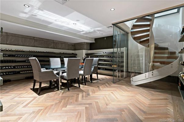 Dining room, Interior, Recessed Lighting, Wine Storage, Wood Texture Flooring