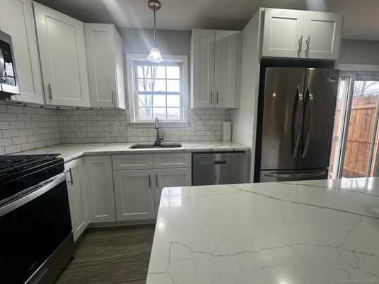 Interior, Kitchen, Pendant Lights, Stainless Steel Appliances, Wood Texture Flooring