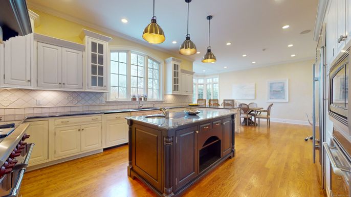 Dining room, Interior, Kitchen, Pendant Lights, Recessed Lighting, Stainless Steel Appliances, Wood Texture Flooring