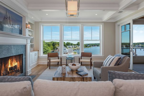 Fireplace, Home Office, Interior, Living room, Recessed Lighting, Water, Wood Texture Flooring