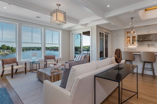Interior, Kitchen, Living room, Pendant Lights, Recessed Lighting, Water, Wood Texture Flooring