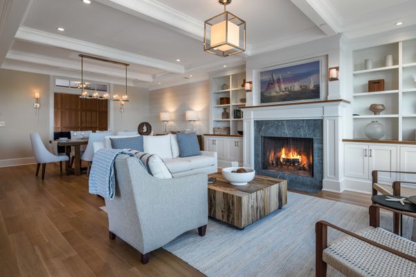 Dining room, Fireplace, Interior, Living room, Pendant Lights, Recessed Lighting, Wood Texture Flooring