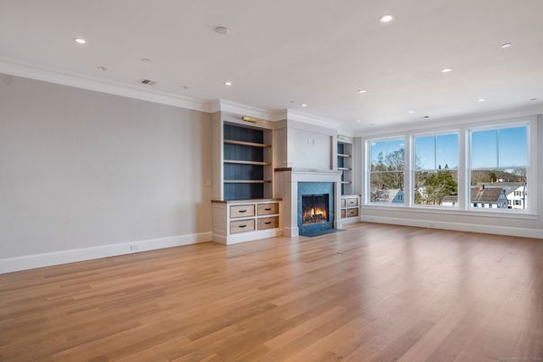 Empty room, Fireplace, Interior, Recessed Lighting, Wood Texture Flooring