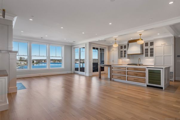Interior, Kitchen, Pendant Lights, Recessed Lighting, Water, Wood Texture Flooring