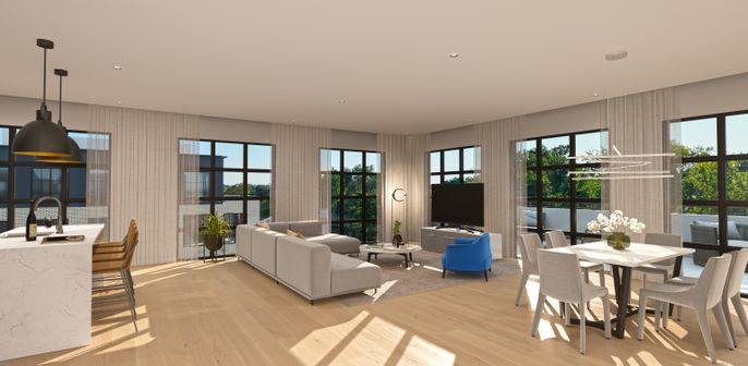Dining room, Interior, Living room, Pendant Lights, Recessed Lighting, Wood Texture Flooring
