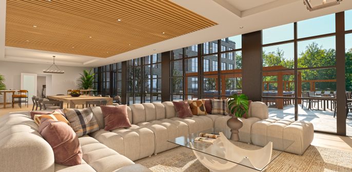 Dining room, Interior, Living room, Pendant Lights, Recessed Lighting, Wood Texture Flooring