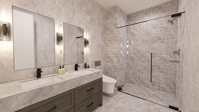Bathroom, Dual Sink Vanities, Glass Shower, Interior, Recessed Lighting