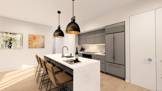 Interior, Kitchen, Pendant Lights, Recessed Lighting, Stainless Steel Appliances, Wood Texture Flooring