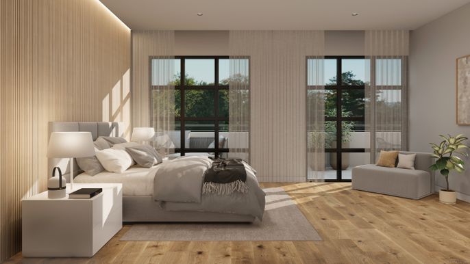 Bedroom, Interior, Recessed Lighting, Wood Texture Flooring