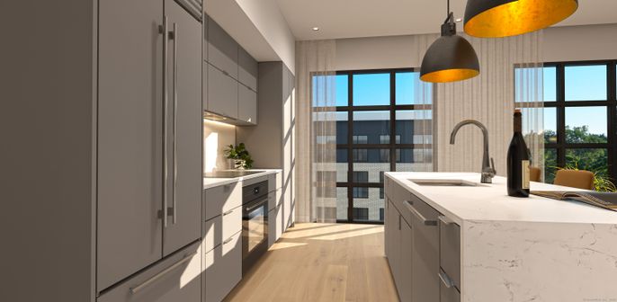 Interior, Kitchen, Pendant Lights, Recessed Lighting, Wood Texture Flooring