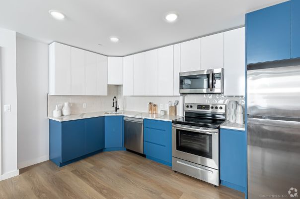 Interior, Kitchen, Recessed Lighting, Stainless Steel Appliances, Wood Texture Flooring