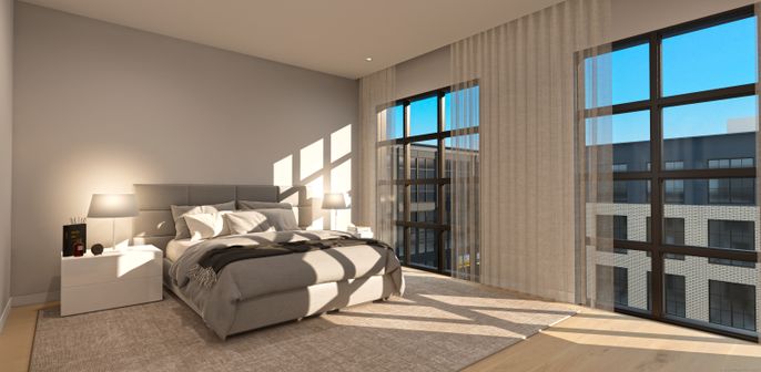 Bedroom, Interior, Recessed Lighting, Wood Texture Flooring
