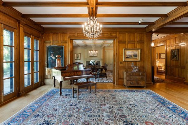 Chandelier, Dining room, Interior, Piano, Wooden Beams, Wood Texture Flooring, Wooden Walls