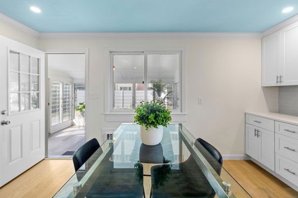 Dining room, Interior, Recessed Lighting, Wood Texture Flooring
