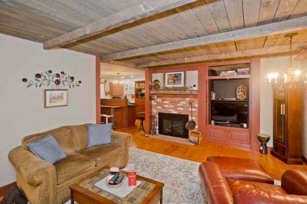 Fireplace, Interior, Living room, Pendant Lights, Wooden Beams, Wooden Ceilings, Wood Texture Flooring