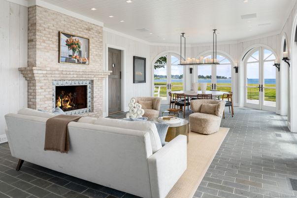 Dining room, Fireplace, Interior, Living room, Pendant Lights, Recessed Lighting, Stone Walls, Water