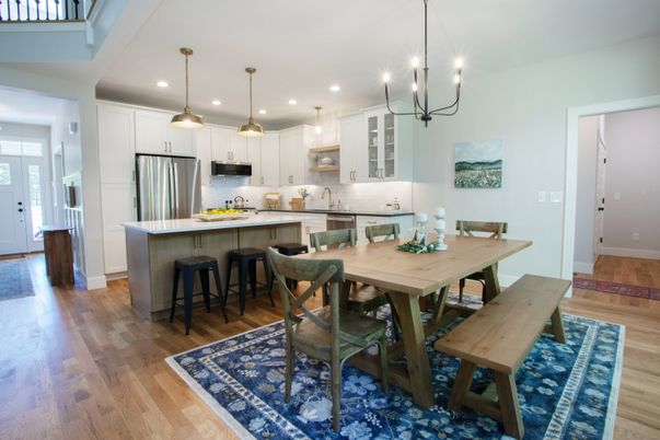 Dining room, Interior, Kitchen, Pendant Lights, Recessed Lighting, Stainless Steel Appliances, Wood Texture Flooring