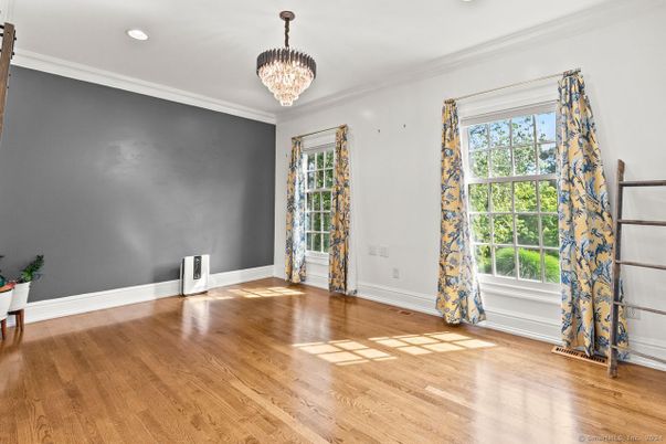 Chandelier, Empty room, Interior, Recessed Lighting, Wood Texture Flooring