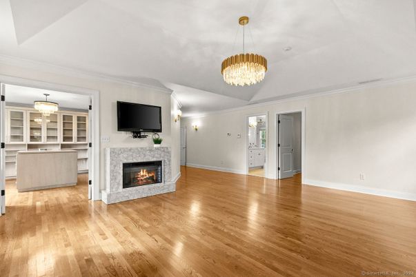 Chandelier, Empty room, Fireplace, Interior, Pendant Lights, Wood Texture Flooring