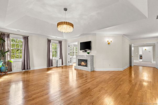 Chandelier, Empty room, Fireplace, Interior, Wood Texture Flooring