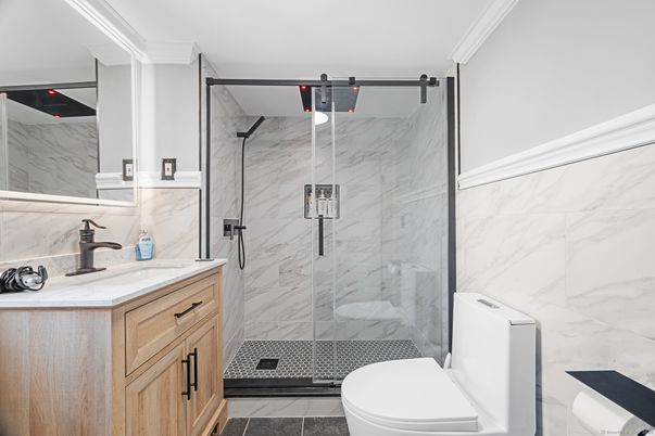 Bathroom, Glass Shower, Interior, Marble Walls