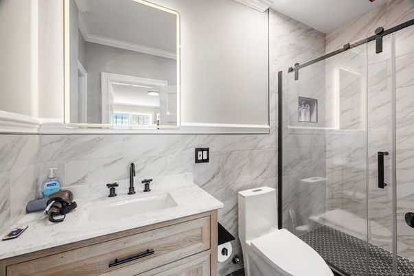 Bathroom, Glass Shower, Interior, Marble Walls
