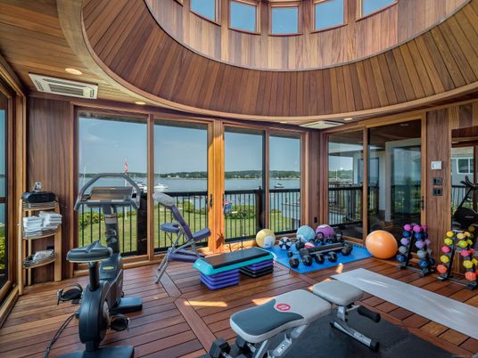 Fitness Equipment, Interior, Recessed Lighting, Water, Wooden Ceilings, Wood Texture Flooring, Wooden Walls