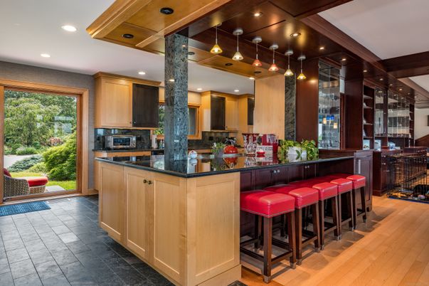 Interior, Kitchen, Pendant Lights, Recessed Lighting, Wooden Beams, Wood Texture Flooring