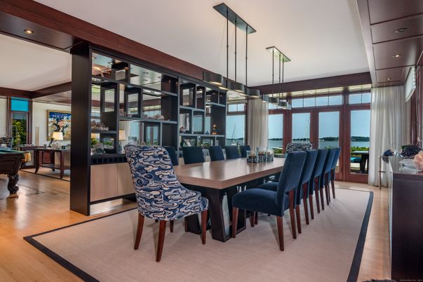 Dining room, Interior, Pendant Lights, Recessed Lighting, Wood Texture Flooring