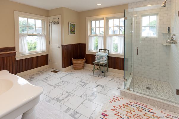 Bathroom, Glass Shower, Interior, Marble, Recessed Lighting