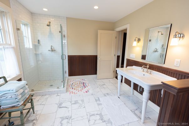 Bathroom, Glass Shower, Interior, Marble, Recessed Lighting