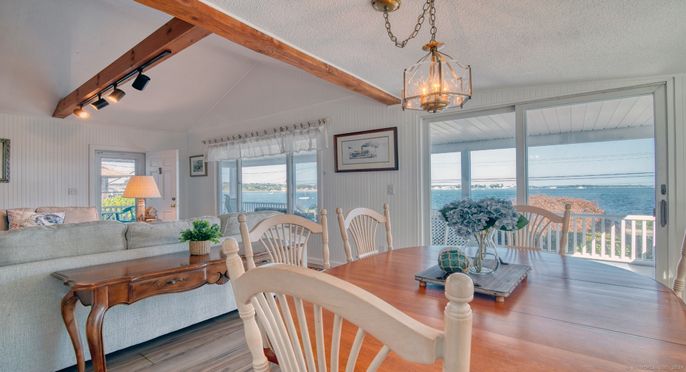 Dining room, Interior, Living room, Pendant Lights, Water, Wooden Beams, Wood Texture Flooring