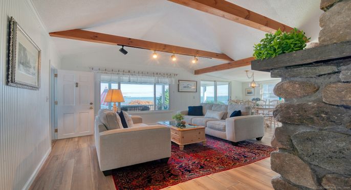 Dining room, Interior, Living room, Pendant Lights, Stone Walls, Wooden Beams, Wood Texture Flooring