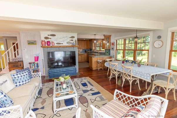 Dining room, Interior, Kitchen, Living room, Pendant Lights, Wood Texture Flooring