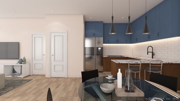 Dining room, Interior, Kitchen, Pendant Lights, Recessed Lighting, Stainless Steel Appliances, Wood Texture Flooring