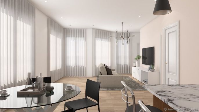 Dining room, Interior, Living room, Pendant Lights, Recessed Lighting, Wood Texture Flooring