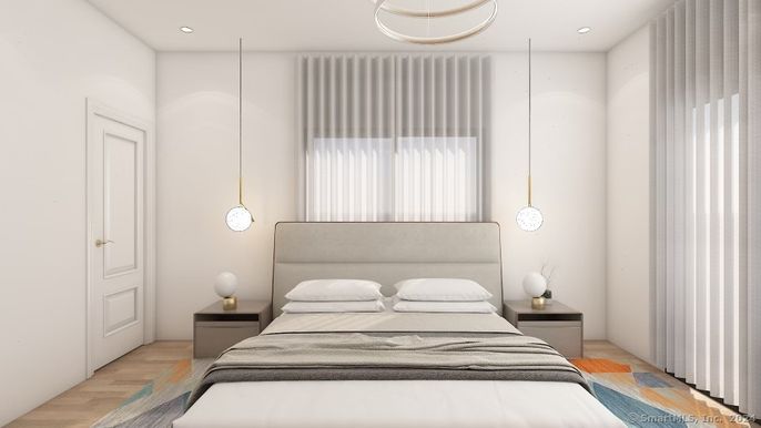 Bedroom, Interior, Pendant Lights, Recessed Lighting, Wood Texture Flooring