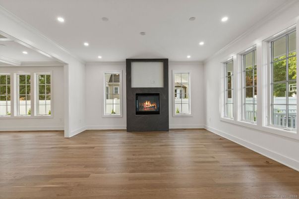 Empty room, Fireplace, Interior, Recessed Lighting, Wood Texture Flooring