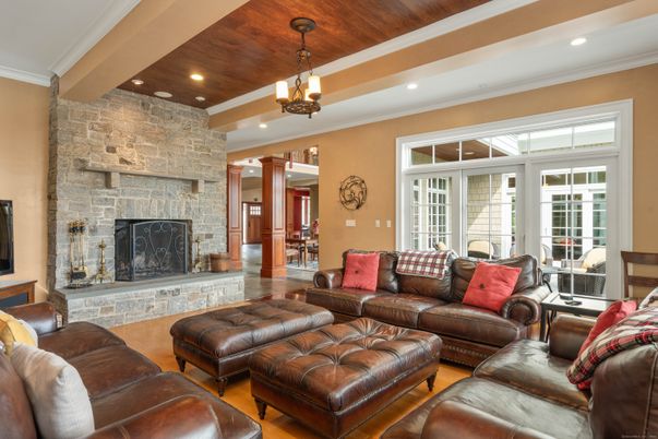 Fireplace, Interior, Living room, Recessed Lighting, Stone Walls, Wooden Beams, Wooden Ceilings