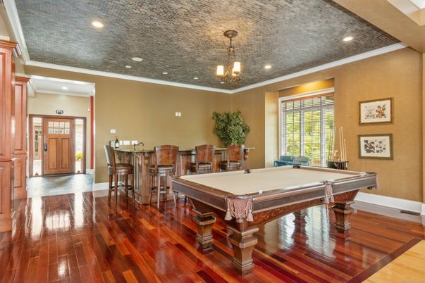 Billiard Table, Game Room, Interior, Pendant Lights, Recessed Lighting, Wood Texture Flooring