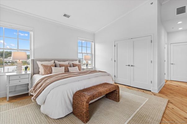 Bedroom, Interior, Recessed Lighting, Wood Texture Flooring