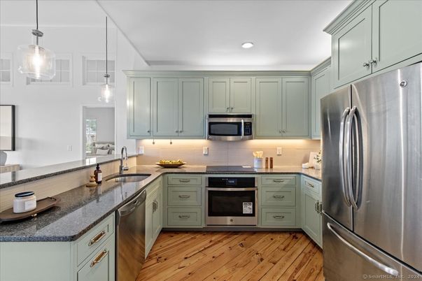 Interior, Kitchen, Pendant Lights, Recessed Lighting, Stainless Steel Appliances, Wood Texture Flooring