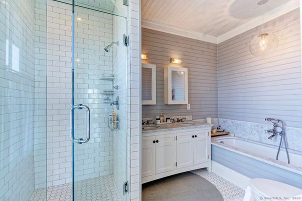 Bathroom, Dual Sink Vanities, Glass Shower, Interior, Pendant Lights