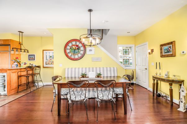 Dining room, Interior, Pendant Lights, Recessed Lighting, Wood Texture Flooring