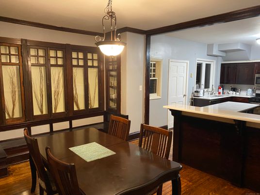 Dining room, Interior, Kitchen, Pendant Lights, Wood Texture Flooring