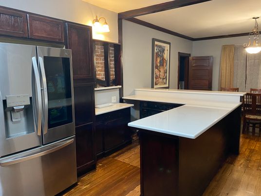 Interior, Kitchen, Pendant Lights, Stainless Steel Appliances, Wood Texture Flooring